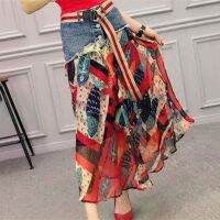 【CW】 Fashion Denim Patchwork Skirt 2022 New Office Commute All-match Printed Waist Skirts