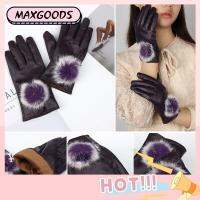 MAXG Fashion Windproof Rabbit Fur Balls Touch Screen PU Leather Gloves Women Accessories Full Finger Mittens