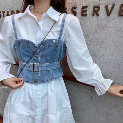 Denim vest suit womens autumn wear new fashion foreign age reduction single-breasted shirt skirt two-piece dress