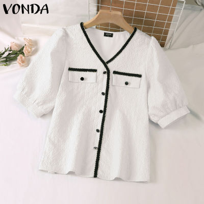 (จัดส่งฟรี)Fancystyle VONDA เสื้อผู้หญิงสีตัดกันลำลองธุรกิจคอวีแขนพองติดกระดุม #2