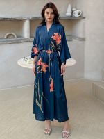 geegostudio Floral Print Night Robe, Elegant Long Sleeve V Neck House Robe With Belt, Womens Sleepwear