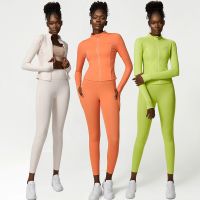 2Pcs Sports Set Women Solid Stretchy Yoga Suit Zipper Long Sleeve Shirt High Waist Leggings Breathable Workout Gym Clothes