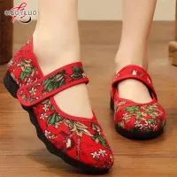 QiaoYiLuo Old Beijing cloth shoes female wedge heel single shoes small floral ethnic embroidery shoes breathable dance mother shoes square shoes