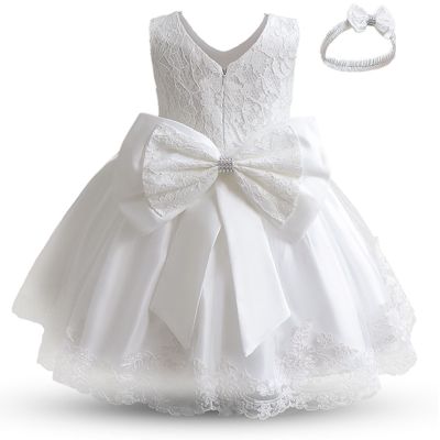 〖jeansame dress〗2022เด็กทารกหญิงชุดดอกไม้พิธีชุดทารกแรกเกิดทารกล้างบาปเสื้อผ้าเจ้าหญิงตูวันเกิดชุดโบว์สีขาว