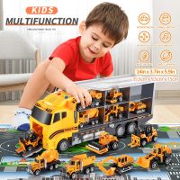 TEMI Big Container Transporter Playset with Play Mat 6PCS Mini Engineering Vehicle Car Model Toys For Kids Boys Gifts