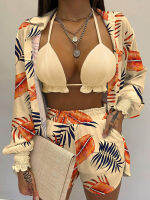 3PCS Tropical Print Lantern Sleeve Open Stitch Shirt &amp; Shorts Set With Crop Tops