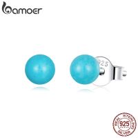 【Hot】 Bamoer ของแท้925เงินสเตอร์ลิง Simple Turquoise Stud ต่างหูสำหรับผู้หญิงเครื่องประดับ Fine ลูกปัดต่างหูเจาะ Party Gift