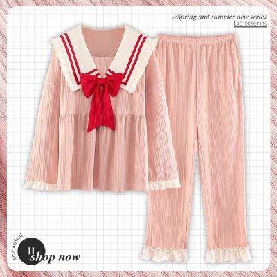 Autumn Cotton Sailor Collar Bow Pajamas Set Long Sleeve Patchwork-ruffles Cartoon Women Sleepwear Pajama Cute Kawaii HomeWear