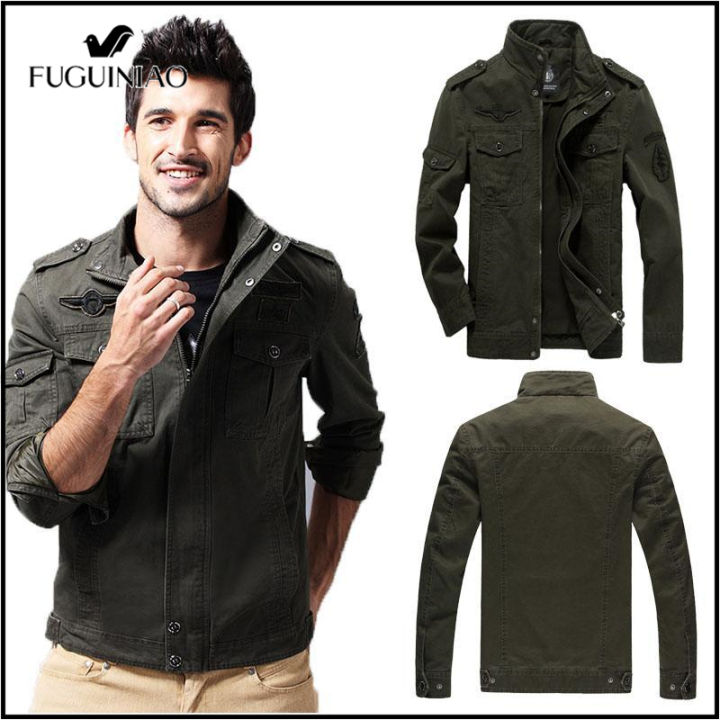 FUGUINIAO 2020 Men's Slim Military Jacket Washed Cotton Stand Collar ...