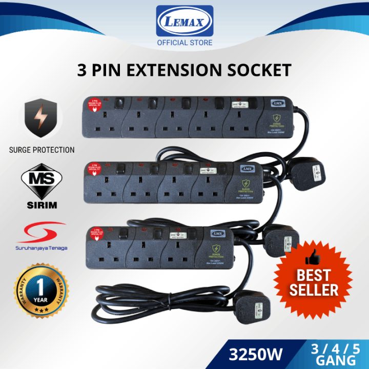 SIRIM LEMAX 3 4 5 Gang Extension Socket 3 Pin Surge Protection (2M ...