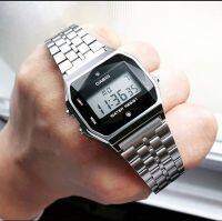 นาฬิกา Casio รุ่น A159WAD-1 Dimond Series สายสแตนเลสสีเงิน หน้าปัดดำ ตกแต่งด้วยเพชร -ของแท้ 100% รับประกัน 1 ปีเต็ม