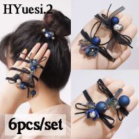 ✟✠ 6pcs/Set Flower Crystal Ball Charms Hair Ties With Ribbon Elegant Bow Beaded Hair Ropes Women High Elastic Ponytail Rubber Band