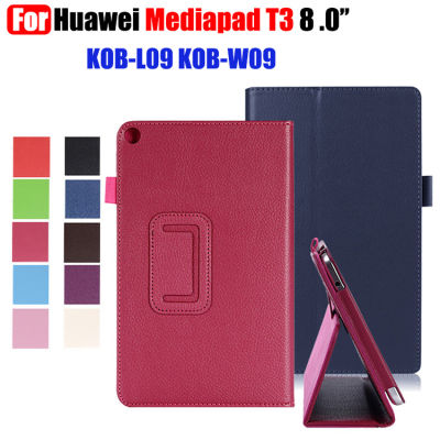 สำหรับ Huawei Mediapad T3 8.0 กรณีแท็บเล็ต TMedia Pad T 3 8.0 KOB-L09 KOB-W09 PU หนัง2พับรูปแบบลิ้นจี่ Slim น้ำหนักเบา Folio Flip Cover