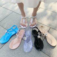 【CW】 Flat Bottom Sandals Fashion Rhinestone Clip Toe Footwear Large Size Flip Flops Ladies Jelly Shoes