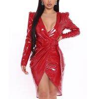 【YF】 Sexy Latex Long Sleeve Deep V Wrap Dress for Women Casual Tie Waist Midi Dresses Elegant PU Patent Leather Bandage Custom