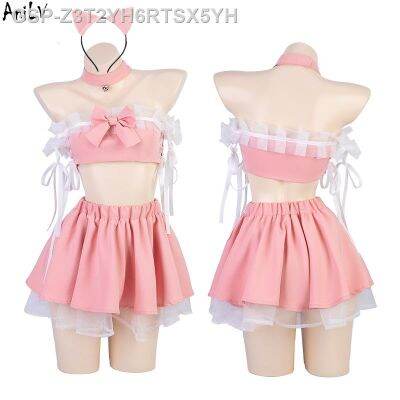 ได้☼Anilv 2023อะนิเมะ Lolita Menina Bonito Gato Rosa แม่บ้านจาก Feminino Fora Do Ombro Topos Bolo Saia Trajes Cosplay