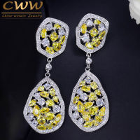 CWWZircons Irregular Design White Gold Color Long Drop Gorgeous CZ Crystal Yellow Stone Earrings for Women Jewelry CZ288