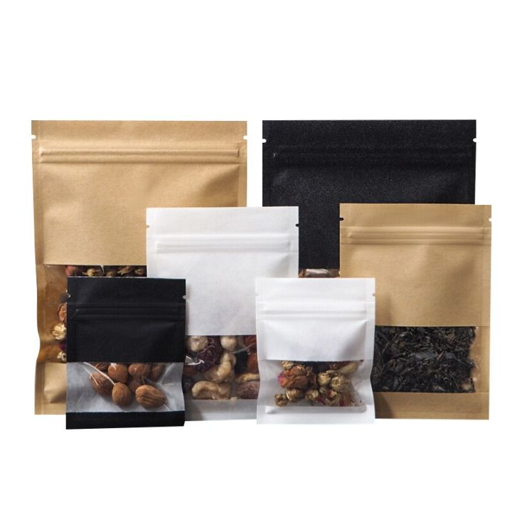 resealable-brown-white-black-paper-clear-window-zipper-bag-heat-sealing-sugar-snack-tea-capsule-seeds-window-packaging-pouches-tapestries-hangings