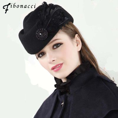 Fibonacci Fedoras Fashion Vintage Wool Felt Hat Women Elegant Beret Feathers Stewardess Fedora Hats Church Ladies Formal Caps