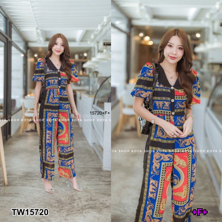 tw15720-jumpsuit-จั้มสูทขายาว-คอบัวแขนพองเนื้อผ้าชีฟองพิมลายกราฟฟิก