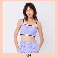 [asv ss23] Bloomsberry Eyelet Bra Top เสื้อกล้ามผู้หญิง แขนกุด แต่งเทปที่สายและชายเสื้อ แต่งกระดุมทอง ผ้าฉลุลายดอกไม้