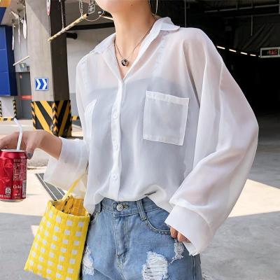 [Spot] white long sleeve shirt Korean style thin coat spring and summer sun protection shirt Western style personalized simple chiffon shirt for women 2023