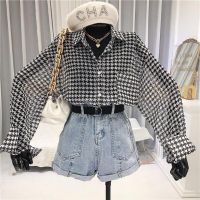 HOUZHOU Plaid Shirt Vintage Chiffon Transparent Blouse Oversize Long Sleeve Button Up Cardigan Chic Korean Fashion Summer Top