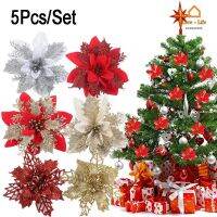 5Pcs Artificial Christmas Flowers/ Glitter Fake Flower Heads for Christmas Tree Decoration/ Xmas New Year Party Hanging Ornaments