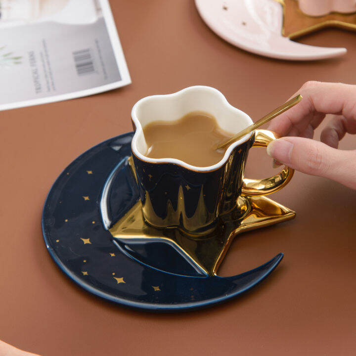 creative-ceramic-star-moon-coffee-cup-and-saucer-with-spoon-golden-ceramic-mug-milk-tea-water-cup-luxury-drinking-glass-gift