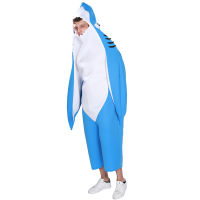 Eraspooky Funny Blue Shark Cosplay Halloween Costume For Men Adult Onesie Animal Jumpsuit Carnival Party Stage Fancy Dress