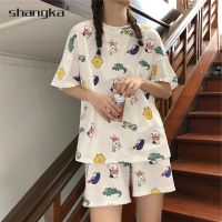 COD SDFGDERGRER Pajama Set Woman Korean Version Printed Fashion Pajamas Shorts Suit for Women Summer Short-Sleeved Sleepwear Terno Cartoon Ice Silk Satin Loose Casual Ladies Fashion Home Clothing