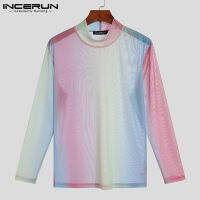 Medussa INCERUN เสื้อยืดไล่ระดับสีคอกลมสำหรับบุรุษเสื้อเบลาส์เข้ารูปแบบแขนยาว (สไตล์ตะวันตก)