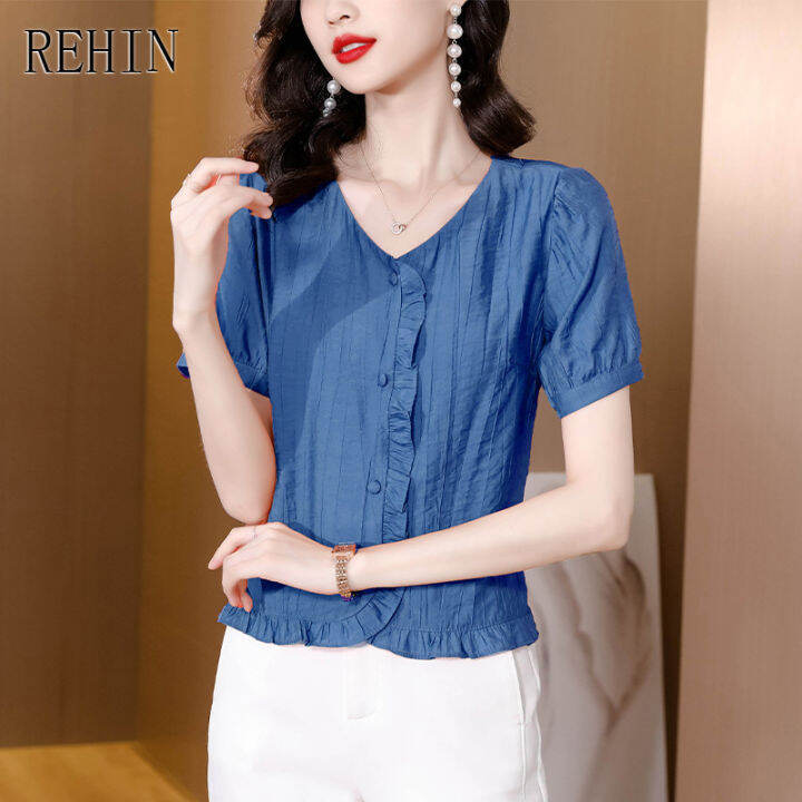 rehin-เสื้อสตรีฤดูร้อนใหม่พลัสขนาดเสื้อแขนสั้นผ้าฝ้ายและผ้าลินิน-ruffle-v-คอเสื้อระบายอากาศ