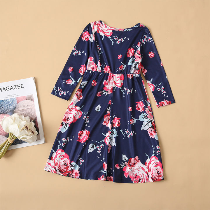 family-matching-outfits-mother-daughter-long-sleeve-dress-floral-print-for-mommy-and-me-women-girl-princess-dresses-family-look