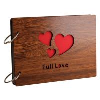 DIY Photo Album Wood Cover Anniversary Scrapbook 8 X 6 inches Self-adhesive Picture Book with Black Pages for Wedding Guest Book Couples Our Love Story Memory ( Full Love)