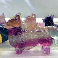 1 Pc หินธรรมชาติ Rainbow Fluorite Corgi Handmade แกะสลักสัตว์ Figurine Home Decor เครื่องประดับ Gift