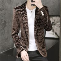 ZZOOI Golden Velvet Letter Print Blazer for Men Business Casual Slim Blazer Suit Jackets Luxury Club DJ Stage Clothes Terno Masculino