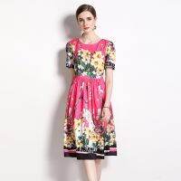 Women Dress Spot Real  Elegant Short Sleeve  Vintage Printed Midi Dress