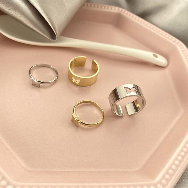 mm75-แหวนคู่ผีเสื้อแหวนจับคู่สำหรับผู้หญิงผู้ชายชุดแต่งงานแหวนสัญญาสำหรับคนรักการจับคู่แหวนสีเงินทอง