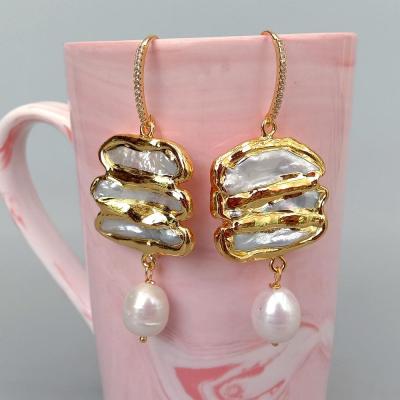 2021KKGEM natural 32x35mm White Biwa freshwater Pearl With Electroplated Edge rice pearl Dangle CZ Pave Hook Earrings