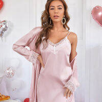 Sexy Pajamas Lotus Root Pink Silky Slip Nightdress Two-Piece Set Lace Edge Sexy Seduction Thin Sexy Sleepwear Women