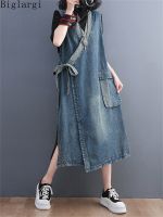 Oversized Summer Fashion Vintage Loose Sleeveless Denim Dress Korea New Ladies Casual Big Size Lace Up Blue Denim Vest Dress