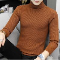 High neck Striped Slim Knitting Sweaters Men Knitwear Male Turtleneck Men Tops Pullovers Sweater Men Wine red caramel