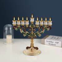 Chanukah Menorah Candelabrum โต๊ะเชิงเทียนประดับด้วยเพชรพลอยโบราณ