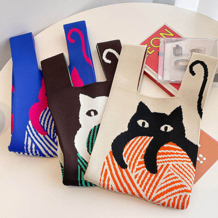 shopping-bags-reusable-stripe-wide-japanese-color-casual-knot-student-shopping-women-handmade-handbag-knit-cat