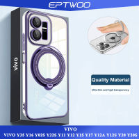 EPTWOO เคสเคสโทรศัพท์ VIVO Y35 Y16 Y02S Y22S Y11 Y12 Y15 Y17 Y12A Y12S Y20 Y20S คสชาร์จไร้สาย Magsafe ในตัวพร้อมตัวป้องกันเลนส์กระจกในตัวพร้อม วงแหวนขนาดใหญ่ใสหลายกันกระแทกและมีขาตั้ง QS-02