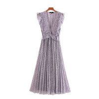 ZZOOI TRAF Women Chic Fashion Pleated Printed Ruffled Midi Dress Vintage Sleeveless Elastic Waist Tied Female Dresses Mujer