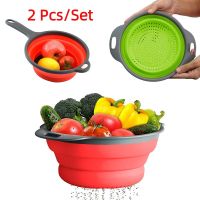 2 Pcs/Set Foldable Silicone Colander Fruit Vegetable Washing Basket Strainer With Handle Strainer Collapsible Drainer Colanders Food Strainers