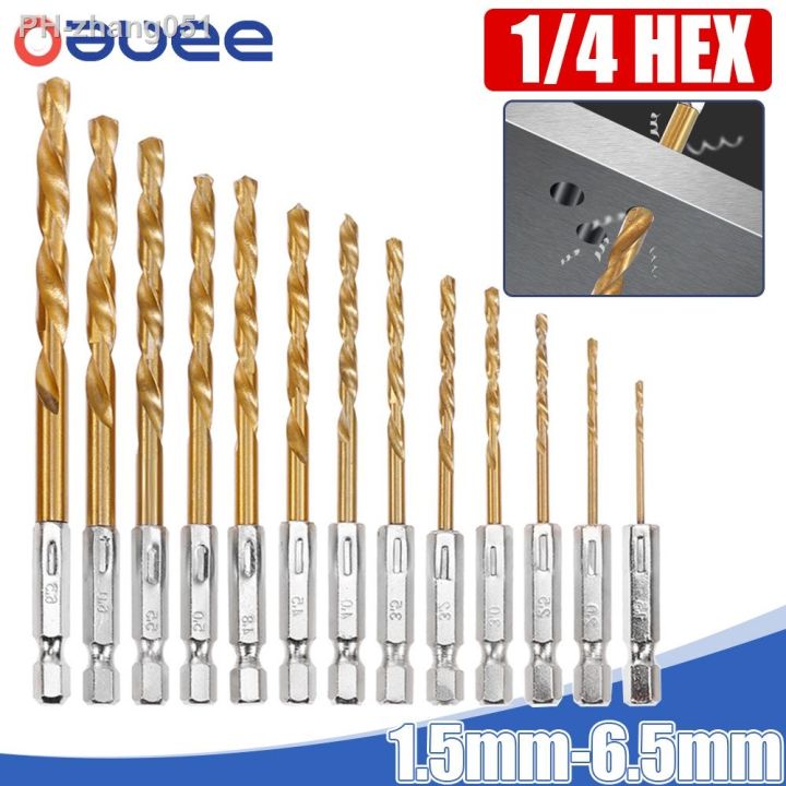 13pcs-hss-high-speed-steel-titanium-coated-drill-bit-set-1-4-hex-shank-1-5mm-6-5mm-hexagonal-handle-quick-change-twist-drill