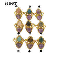 WT-R476 Amazing R Gemstone Triple Stone Design Amethyst และ Amozonite Gold Plated Women Elegant Simple Decorated